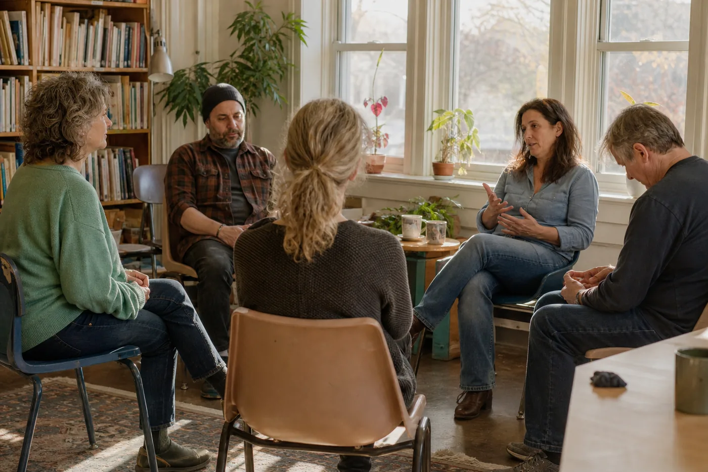 Autistic and ADHD adults sitting in a loose circle in a bright room, with space between chairs, listening to one person speak — an adult neurodivergent support group rather than a family or parent session.