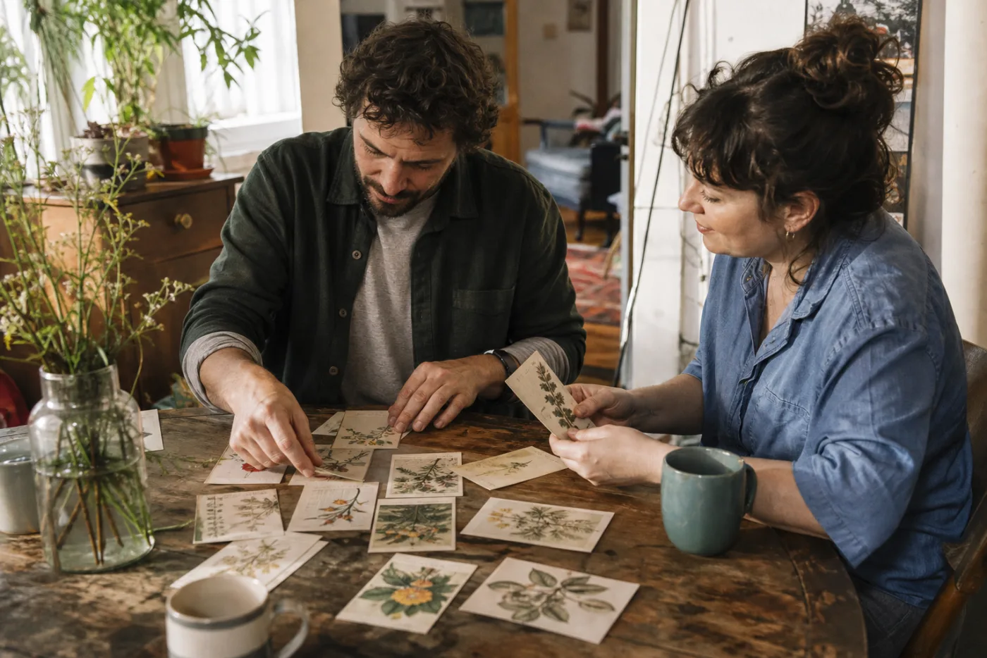 Two neurodivergent adults sharing a sunlit table, one arranging a detailed botanical collection while the other looks through it alongside them.