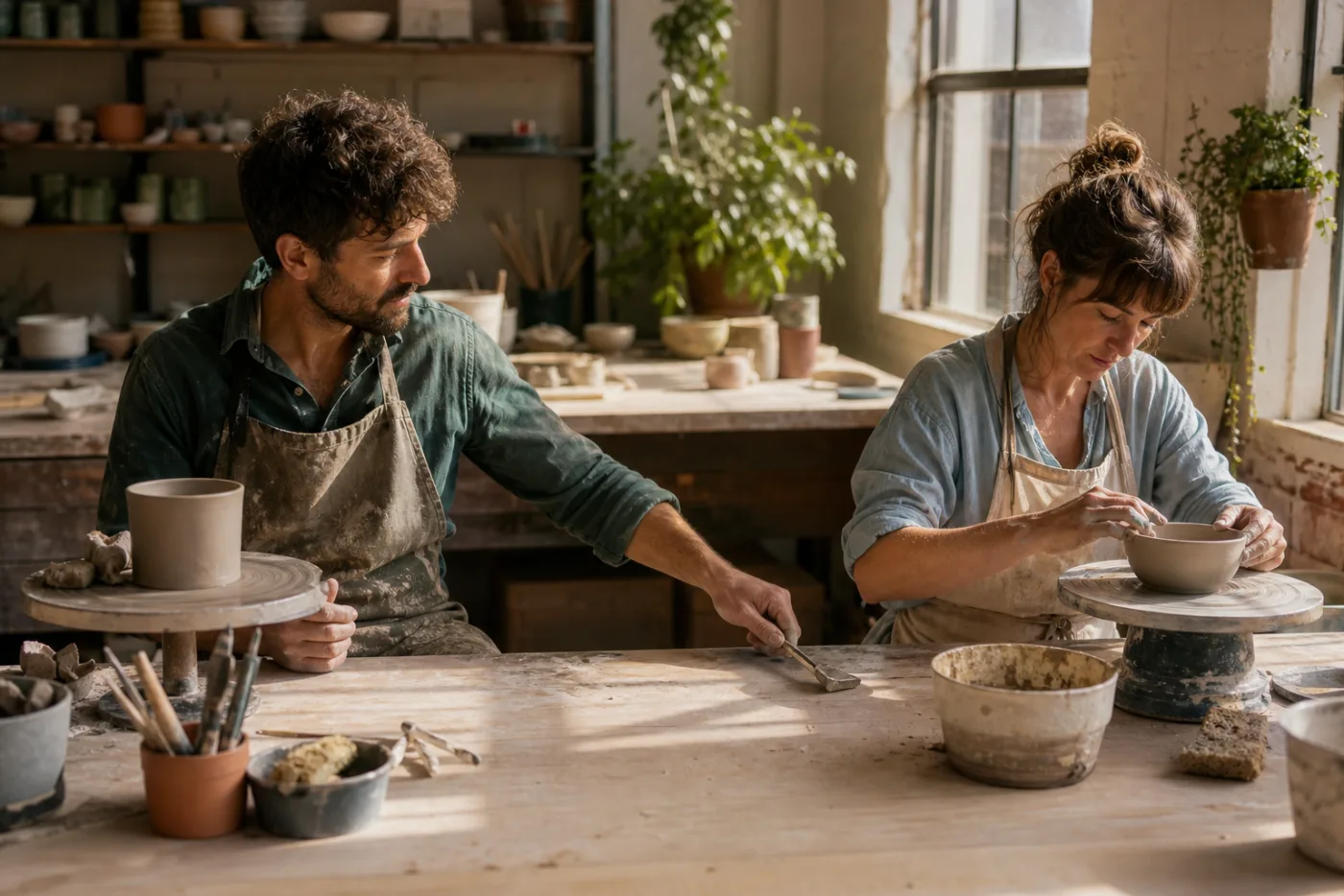 Two autistic adult friends working side by side, one passing a pottery tool to the other.