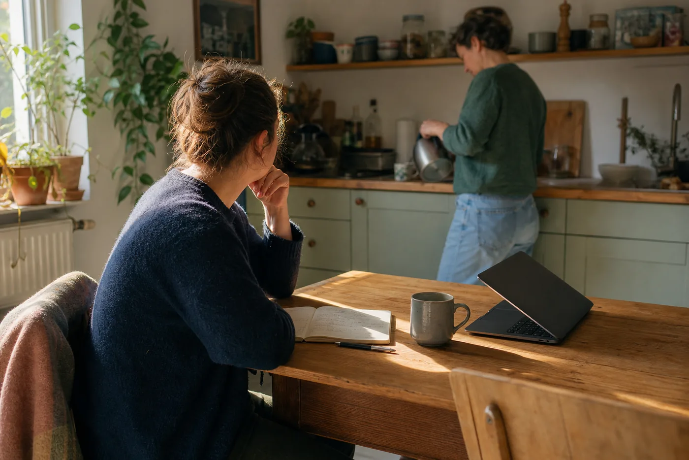 A neurodivergent adult sitting at a kitchen table with a half-closed laptop and a notebook, thinking about a screening questionnaire result rather than reading it, while someone else makes tea nearby.