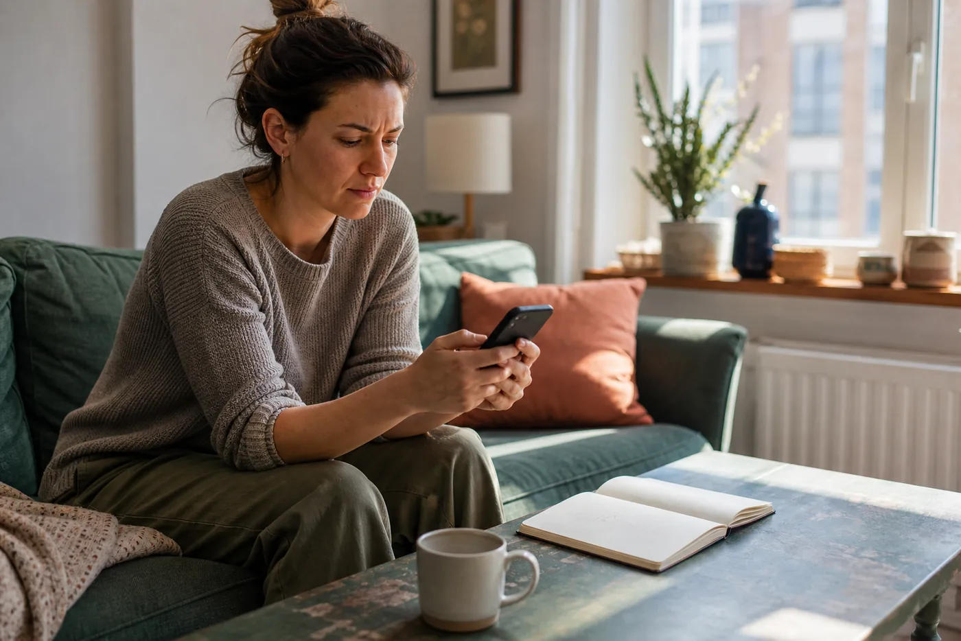 A neurodivergent adult sitting on a sofa with a phone, weighing up whether a dating app subscription is worth paying for, with a notebook and mug on the table.